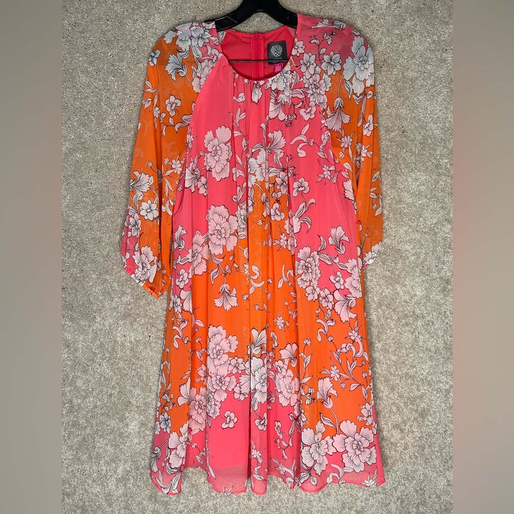 Vince Camuto Pink and Orange Floral Dress w/ Sheer Floral 3/4  Sleeves Sz 6